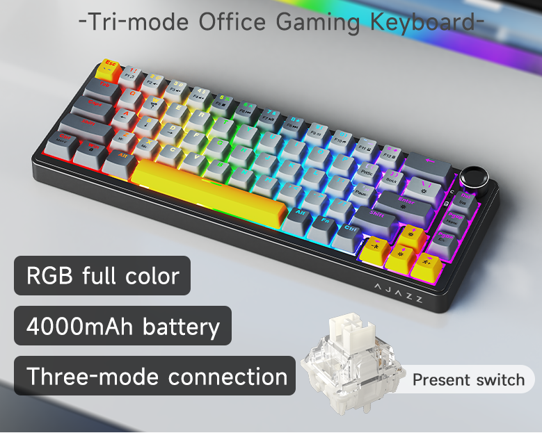 AJAZZ AK690 RGB keyboard with features listed on a gray background