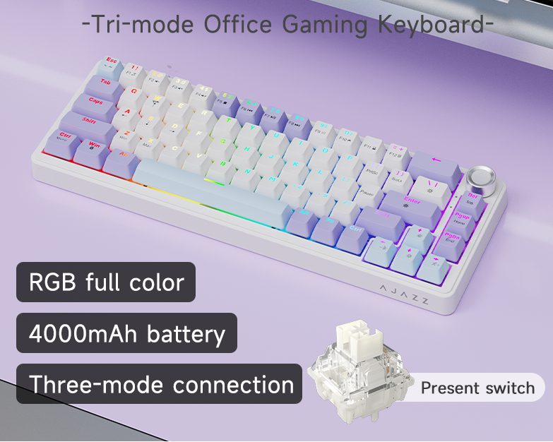 AK690 RGB full color gaming keyboard with 4000mAh battery on a purple background