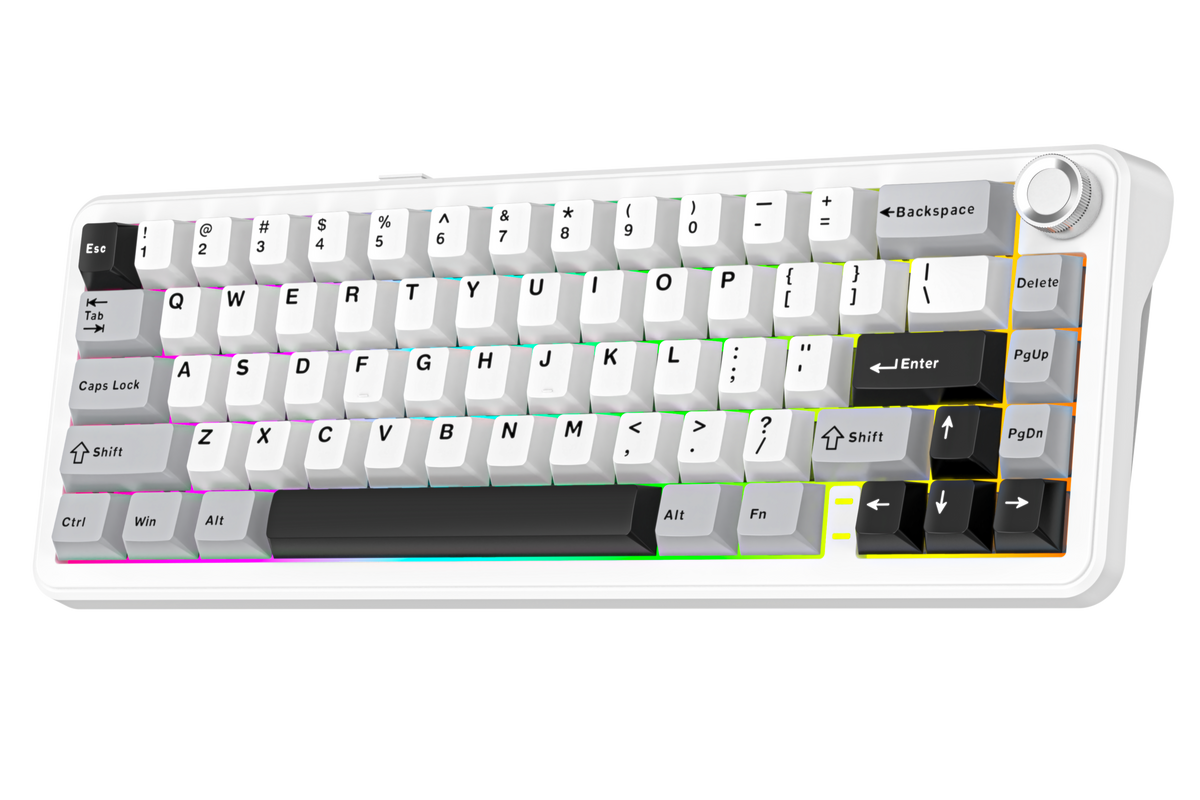 Mechanical keyboard with white frame and black keys on a white background