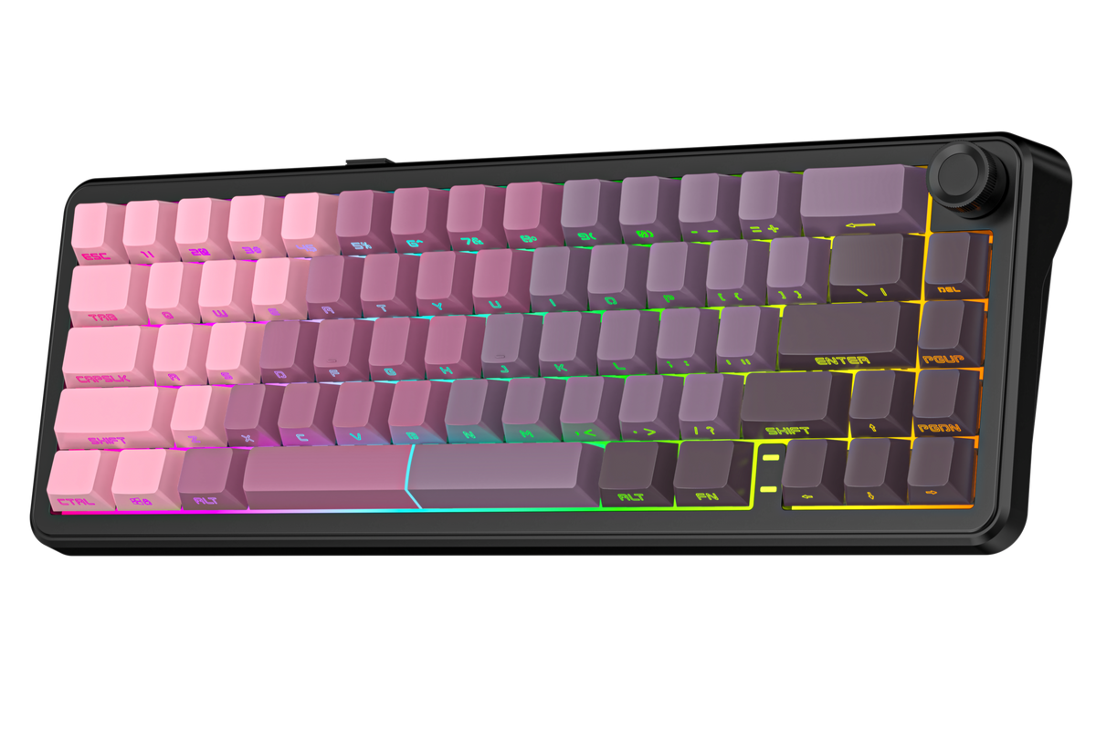 Keyboard with pink and purple keys on a white background