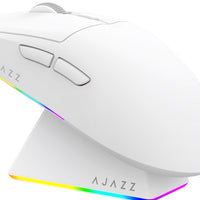 White gaming mouse with rainbow LED lighting on a white background, featuring the brand 'AJAZZ'.