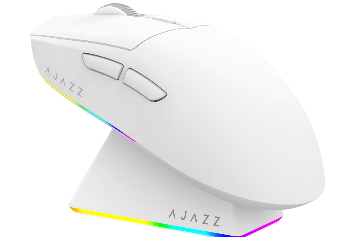 White gaming mouse with rainbow LED lighting on a white background, featuring the brand 'AJAZZ'.