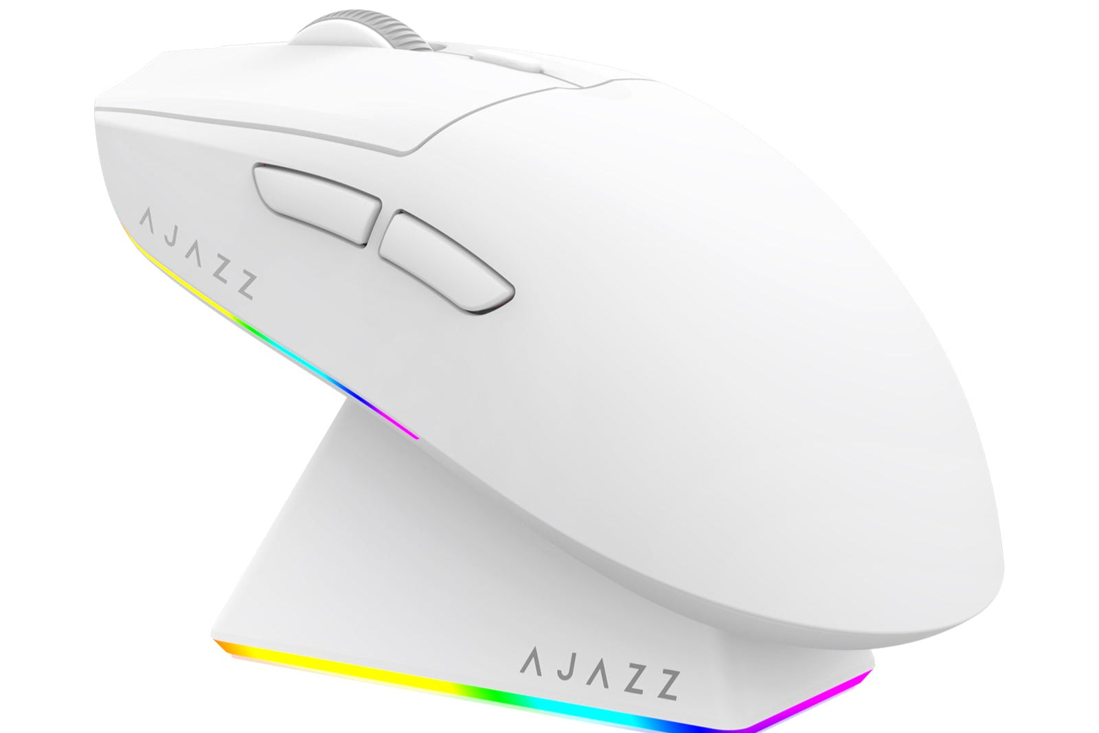 White gaming mouse with rainbow LED lighting on a white background, featuring the brand 'AJAZZ'.