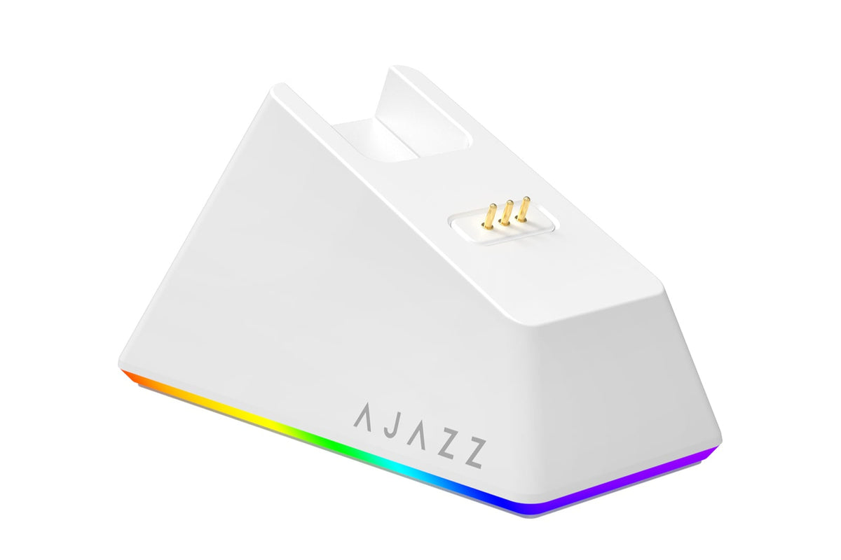 White triangular device with rainbow accents and 'AJAZZ' branding on a white background