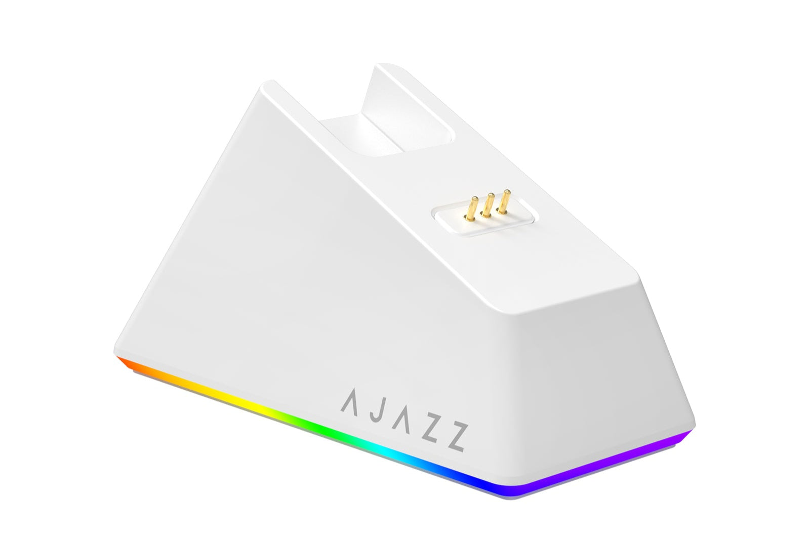 White triangular device with rainbow accents and 'AJAZZ' branding on a white background