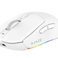 White gaming mouse with RGB lighting on a white background