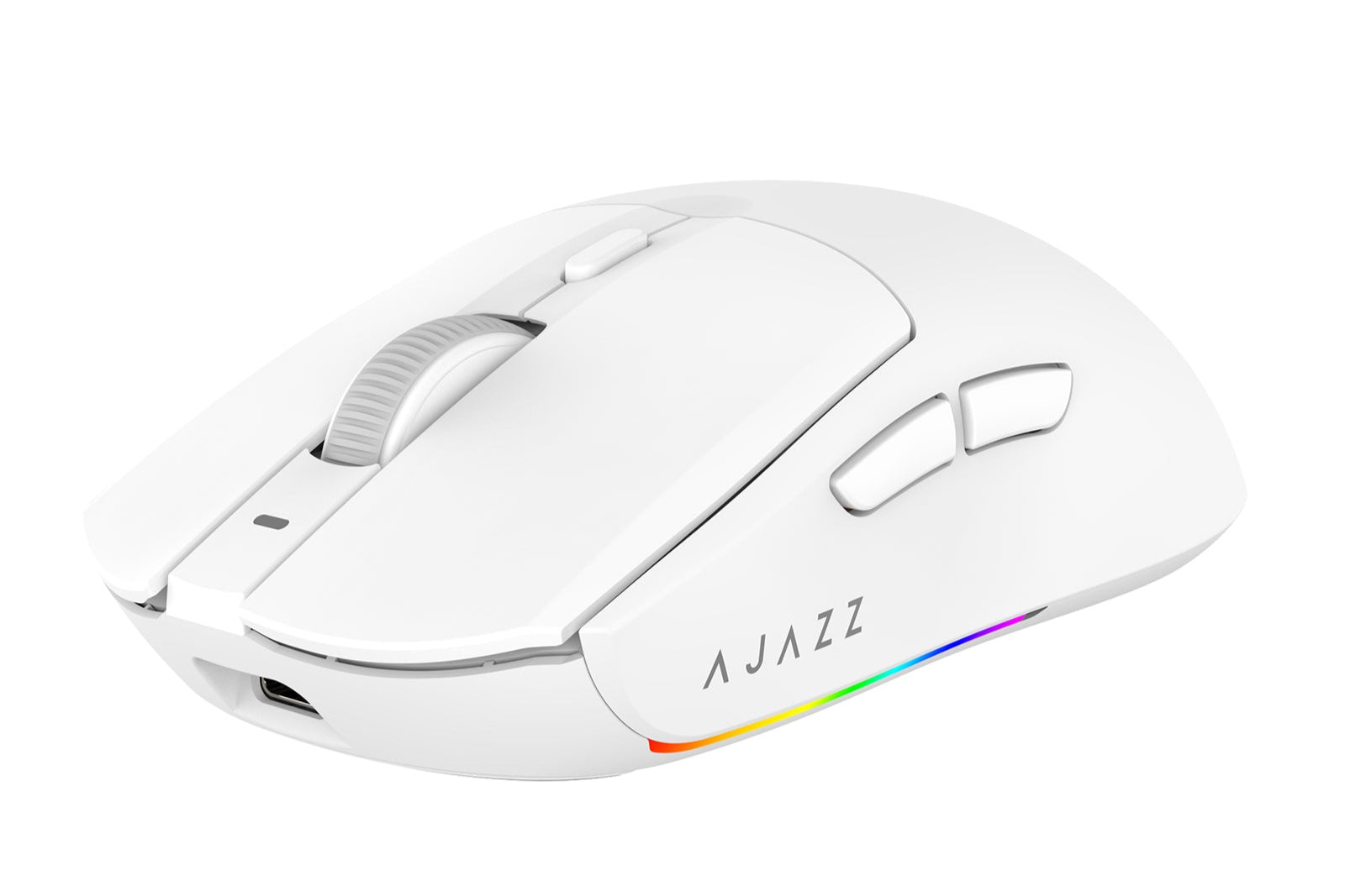White gaming mouse with RGB lighting on a white background