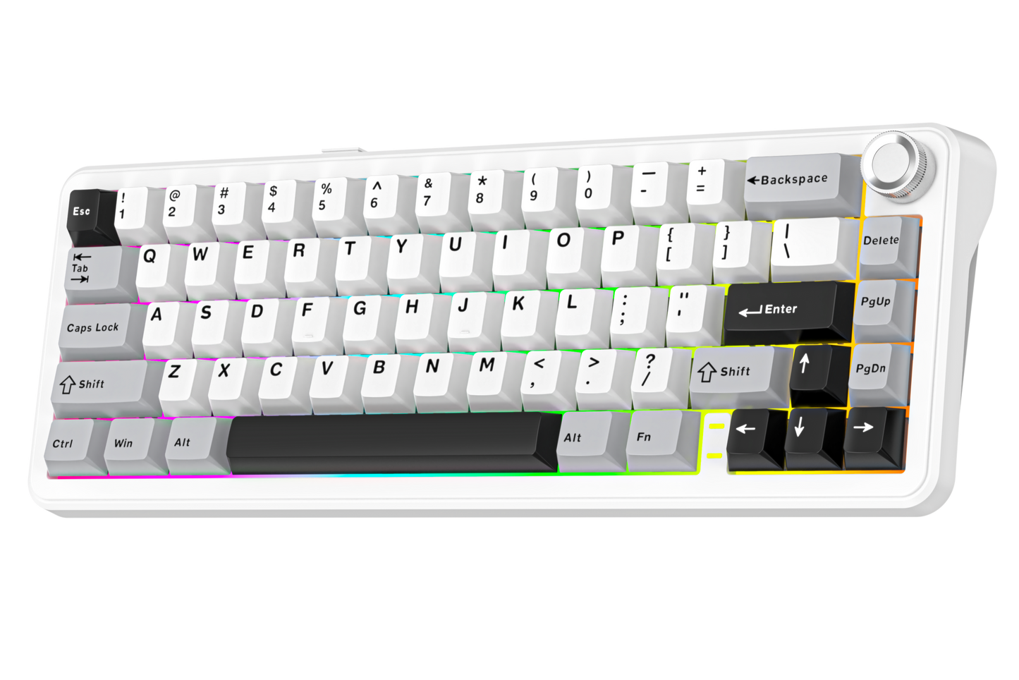 Mechanical keyboard with white frame and black keys on a white background