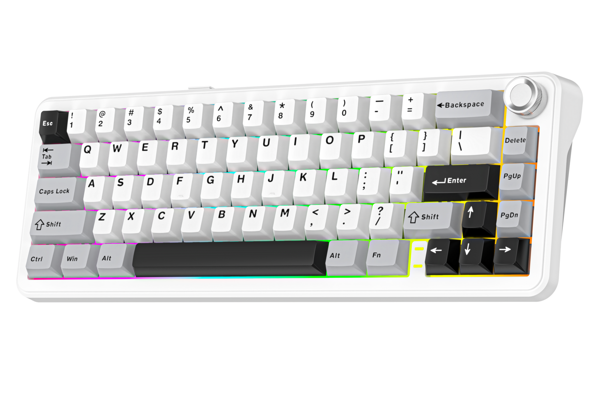 Mechanical keyboard with white frame and black keys on a white background