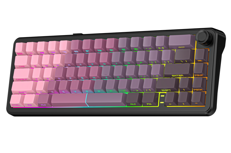 Keyboard with pink and purple keys on a white background