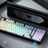 Mechanical keyboard with colorful keycaps on a gray surface, featuring the brand 'WEIKAV'.
