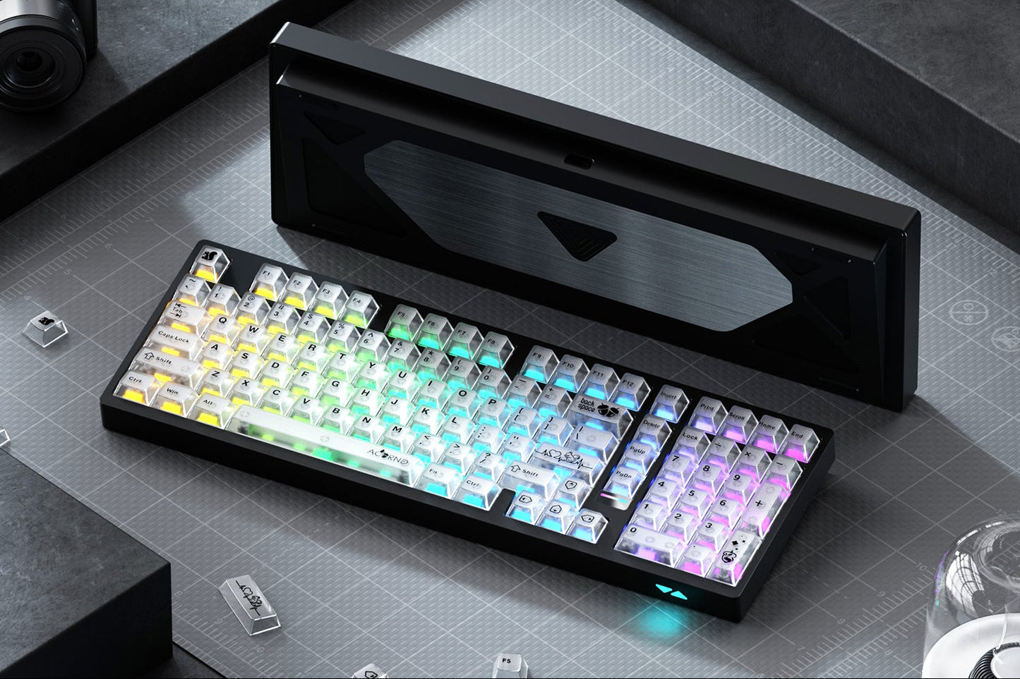 Mechanical keyboard with colorful keycaps on a gray surface, featuring the brand 'WEIKAV'.